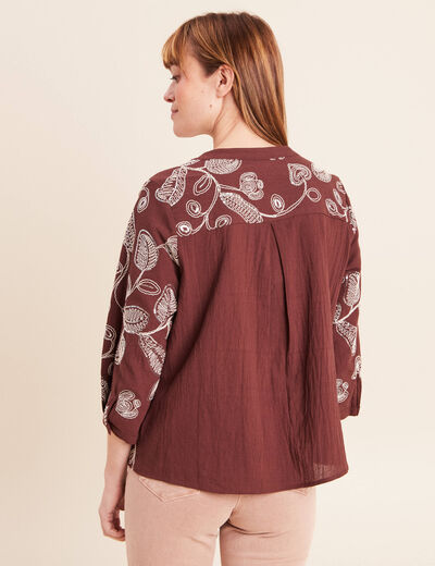 Blouse col tunisien manches 3/4 marron femme