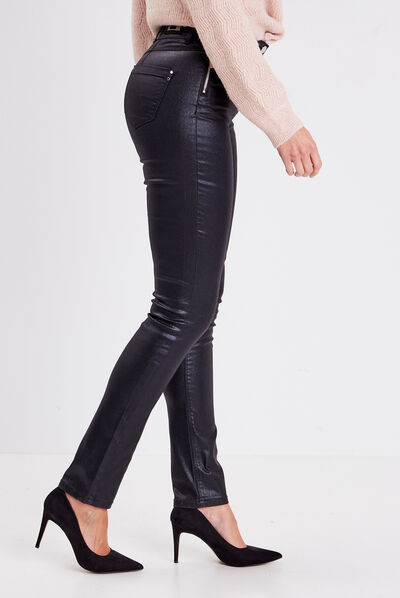 Pantalon ajusté enduit noir femme