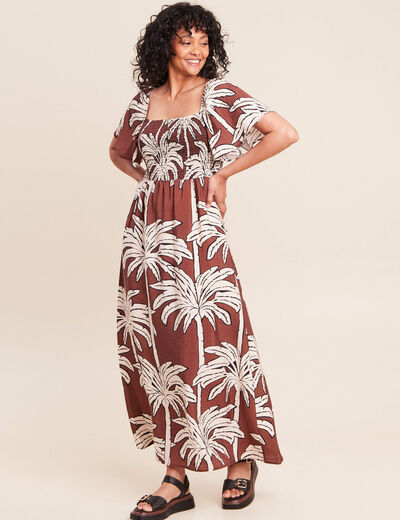 Robe longue &eacute;vas&eacute;e col carr&eacute; marron femme