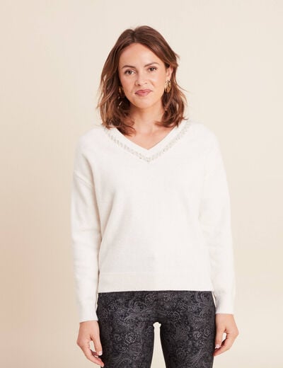Pull col v manches longues brillant ecru femme