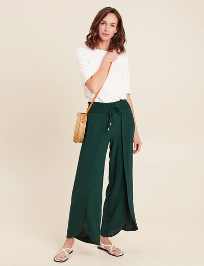 pantalon large taille haute vert foncé femme