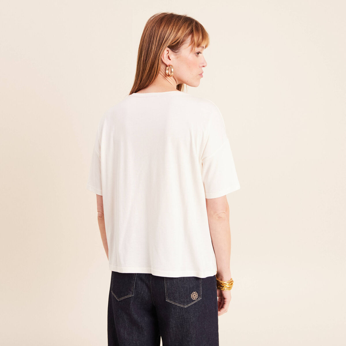 T-shirt col rond manches courtes ecru femme