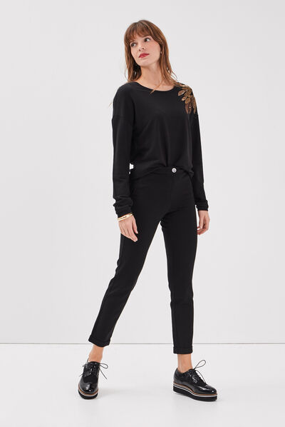 Pantalon ajusté taille basculée noir femme