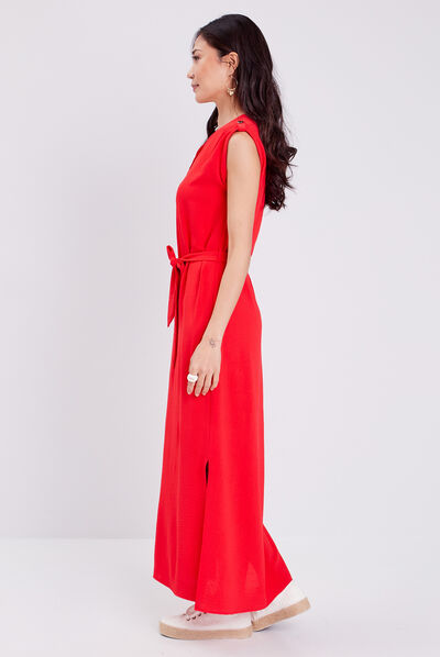 Robe longue droite ceinturée rouge femme