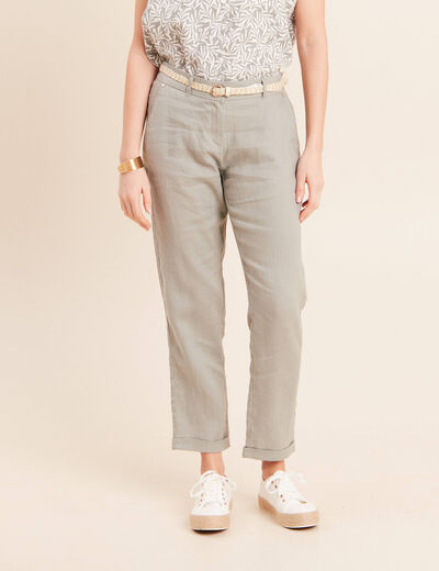 Pantalon coupe chino en lin ceintur&eacute; vert clair femme