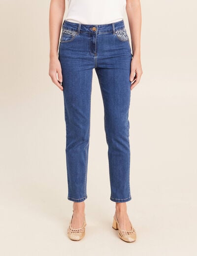 Jean ajust&eacute; 7/8&egrave;me taille bascul&eacute;e denim stone femme