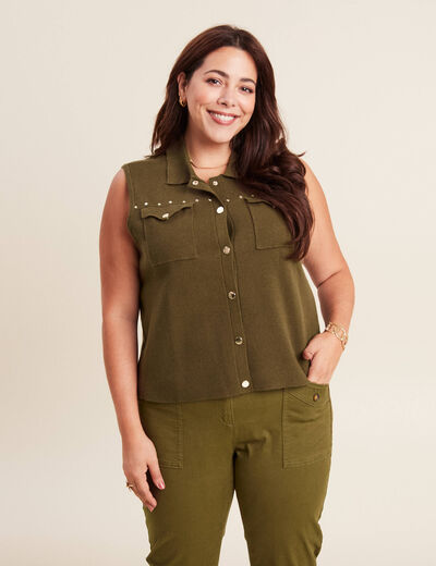 Gilet sans manches à clous vert olive femme