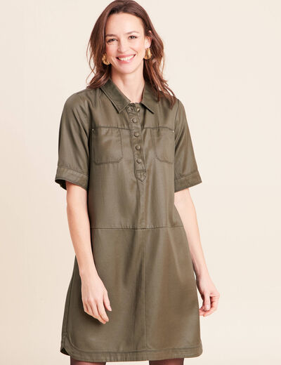 Robe droite courte enduite col chemise vert kaki femme