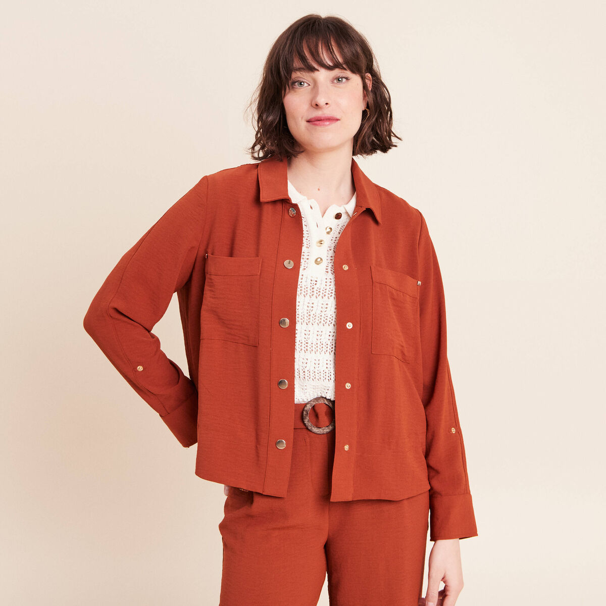 Veste fluide manches longues doubl&eacute;e marron fonc&eacute; femme