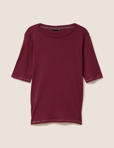T-shirt ajust&eacute; col rond manches coudes bordeaux femme