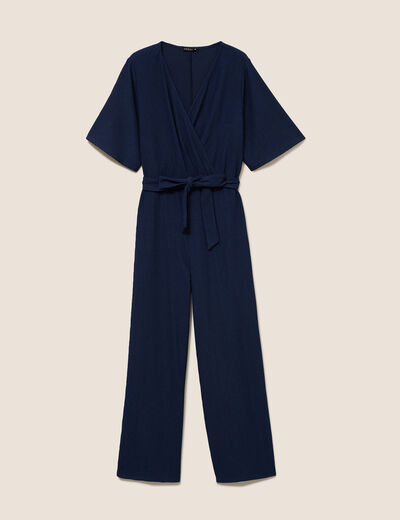 Combinaison large col v manches courtes bleu marine femme