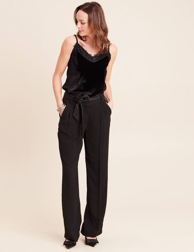 Pantalon satin&eacute; coupe droite noir femme