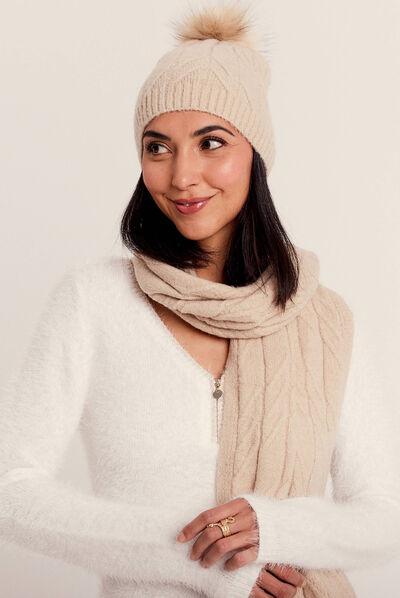 Ensemble écharpe et bonnet creme femme