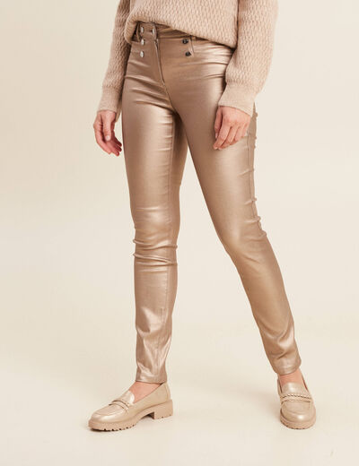 Pantalon ajust&eacute; enduit &agrave; pont taupe femme