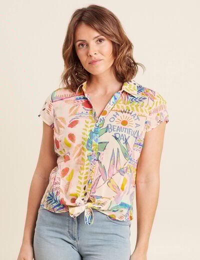 Chemise manches courtes nouée multicolore femme