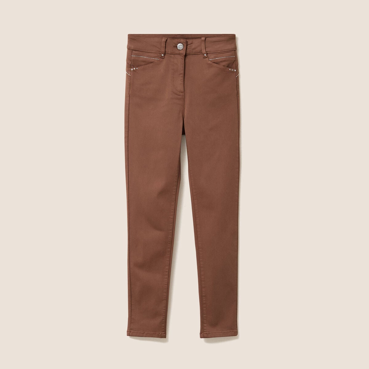 Pantalon coupe ajust&eacute;e taille haute marron femme