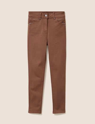 Pantalon coupe ajust&eacute;e taille haute marron femme