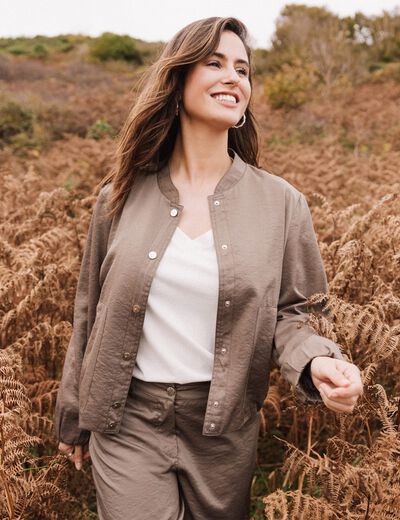 Blouson boutonné satin taupe femme