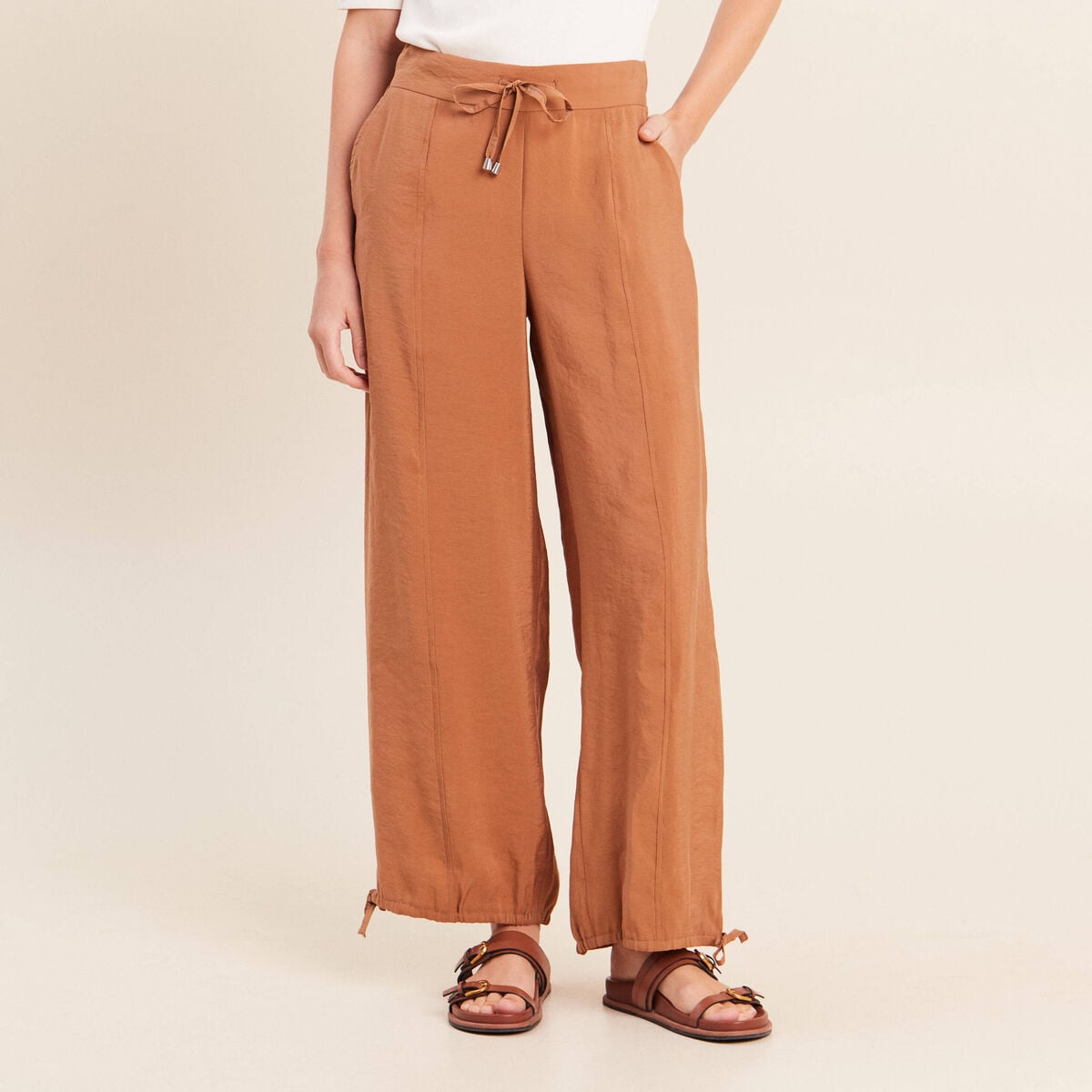 Pantalon taille haute 7/8&egrave;me resserr&eacute; beige femme