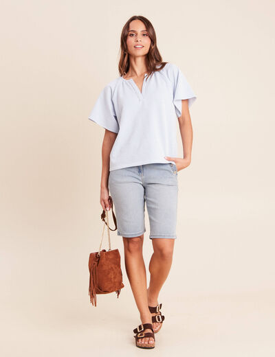 Blouse courte bas resserr&eacute; bleu femme