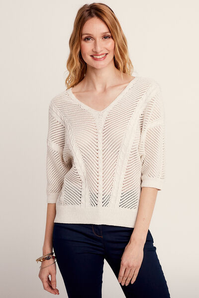 Pull manches 3/4 ajouré ecru femme