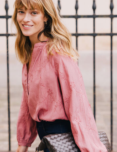 Blouse ample manches longues brod&eacute;e mauve femme