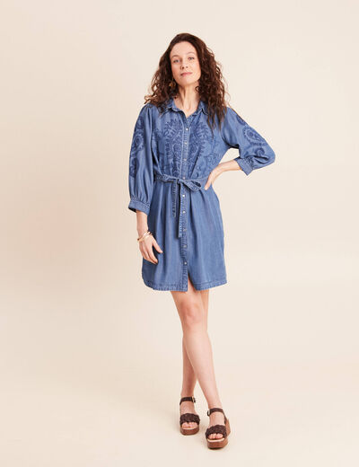 Robe courte &eacute;vas&eacute;e manches 3/4 brod&eacute;e denim double stone femme