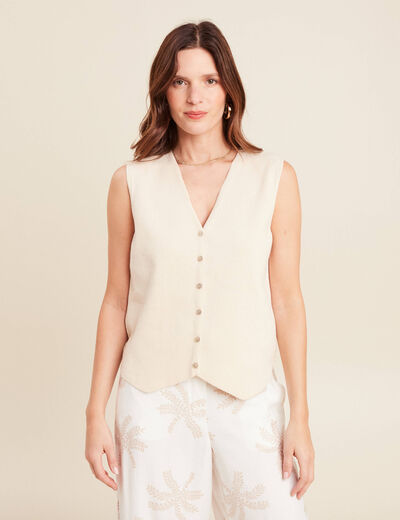 Pull cintré court col V beige femme