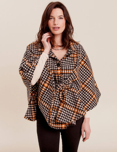 Poncho ceinturé boutonné noir femme