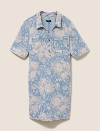 Robe droite courte en jean col chemise rose femme