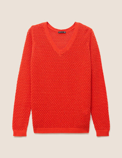 Pull manches longues col en V orange fonc&eacute; femme