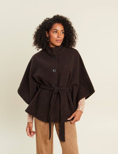 Poncho ceintur&eacute; en polyester recycl&eacute; marron fonc&eacute; femme