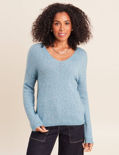 Pull col v bleu p&eacute;trole femme