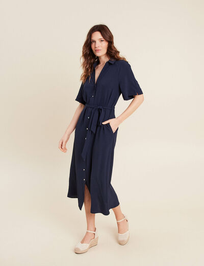 Robe évasée col chemise bleu marine femme