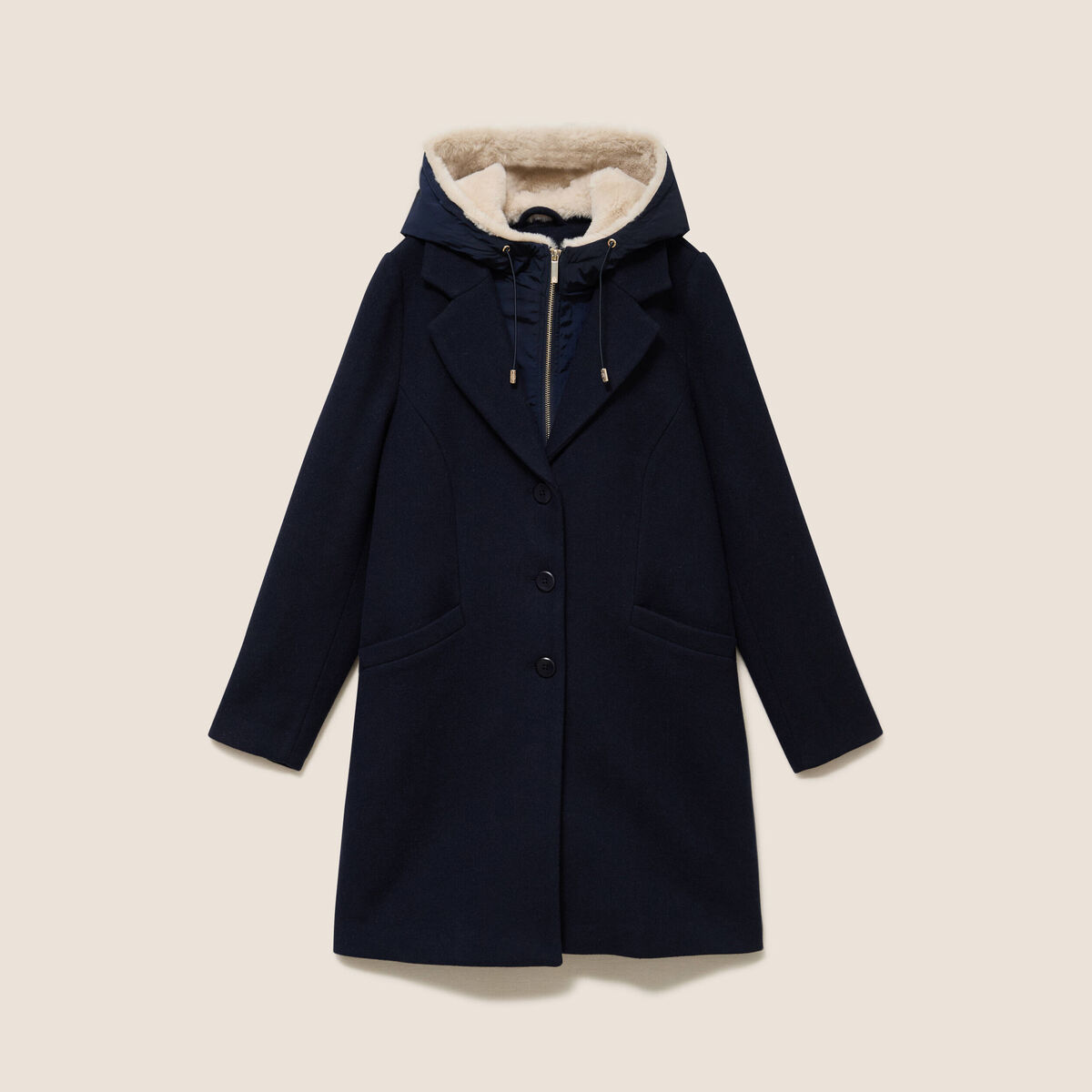 Manteau ajust&eacute; capuche amovible bleu fonc&eacute; femme