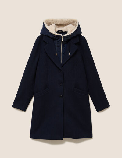 Manteau ajust&eacute; capuche amovible bleu fonc&eacute; femme