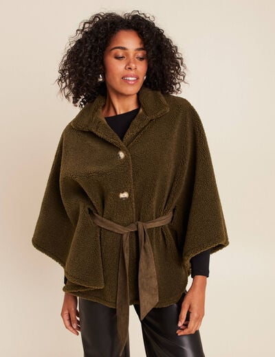 Poncho boutonn&eacute; ceintur&eacute; vert kaki femme