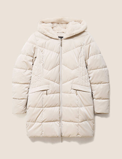 Doudoune mi-longue &agrave; capuche beige femme