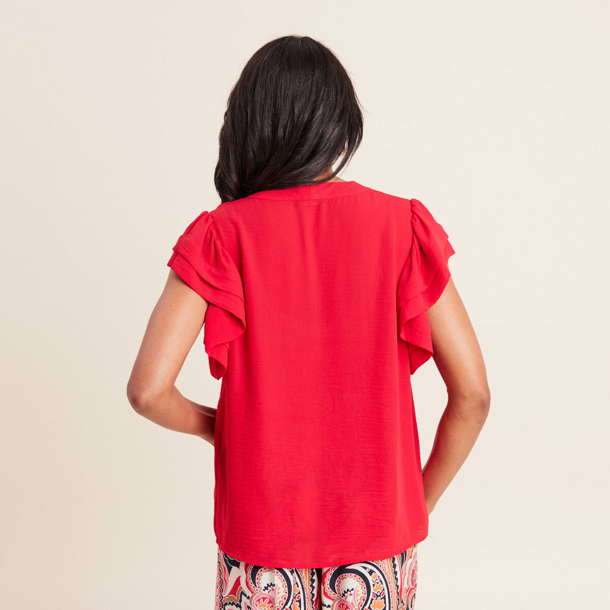 Blouse manches courtes volants rouge femme
