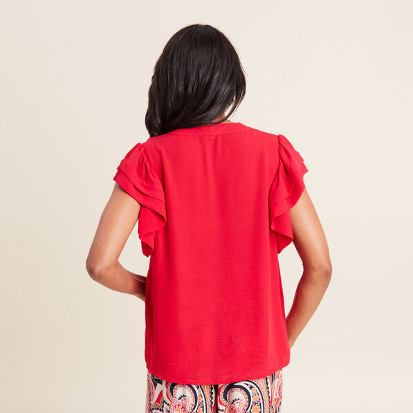 Blouse manches courtes volants rouge femme