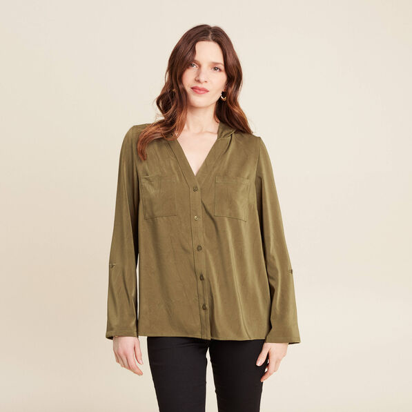 Blouse manches 3/4 à capuche vert olive femme
