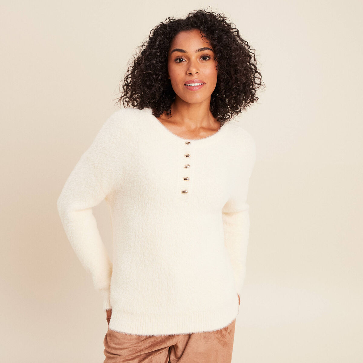 Pull col tunisien ivoire femme