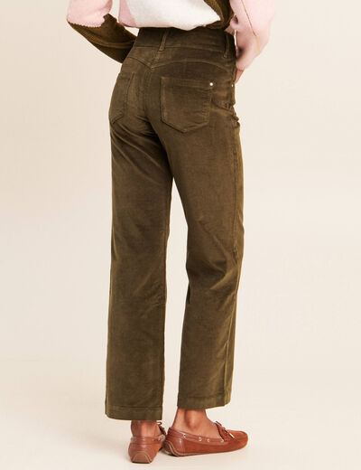 Pantalon taille haute en velours vert kaki femme