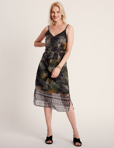 Robe longue droite ceinturée noir femme