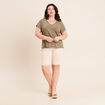 T-shirt col v manches courtes aspect lin vert kaki femme