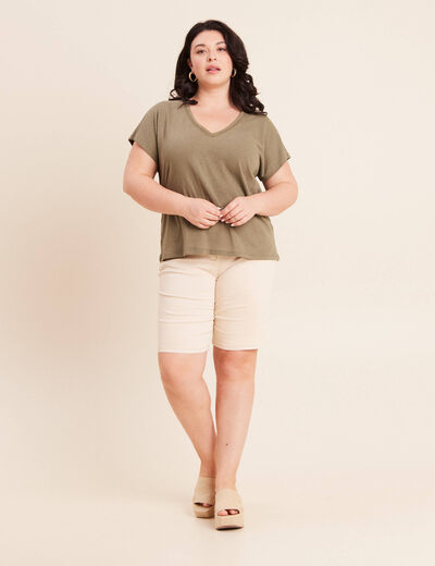 T-shirt col v manches courtes aspect lin vert kaki femme