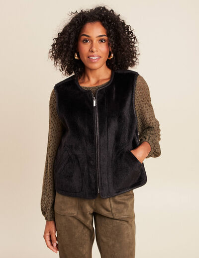 Veste sans manches sans col marron fonc&eacute; noir femme