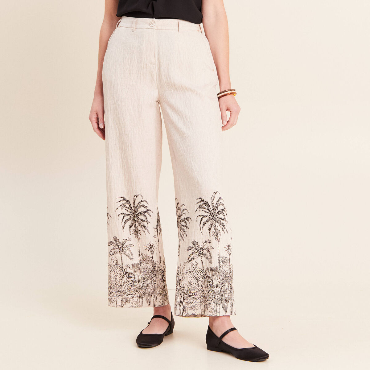 Pantalon large taille haute beige femme