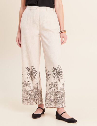 Pantalon large taille haute beige femme