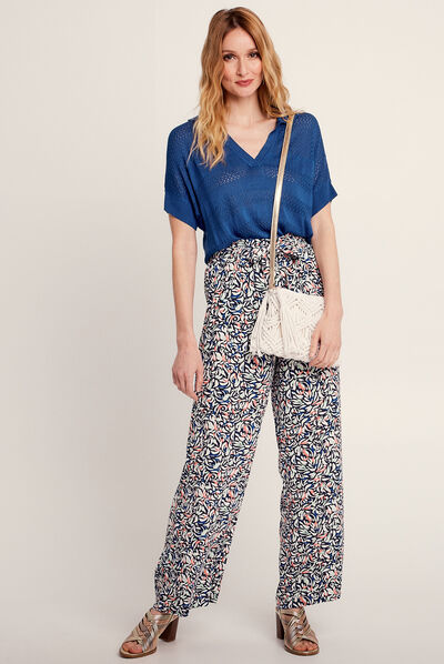 Pull manches courtes col polo bleu electrique femme